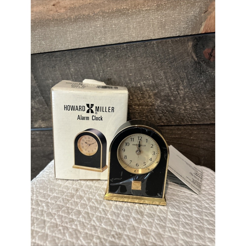 Vtg 80's Howard Miller Carriage Style Brass and Black Quartz‎ Alarm Desk Clock